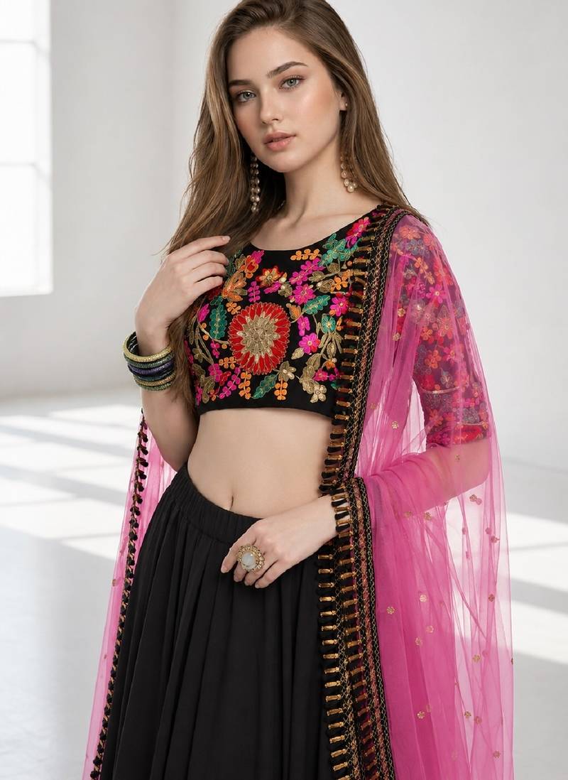 BLACK  SEQUINS & EMBROIDERED VELVET FESTIVAL LEHENGA CHOLI SET FOR WOMEN'S