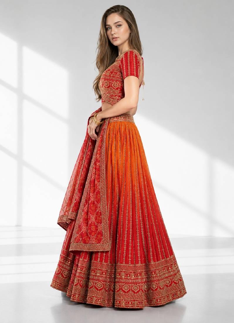 ORANGE SEQUINS & EMBROIDERED CHINNON FESTIVAL LEHENGA CHOLI SET FOR WOMEN'S