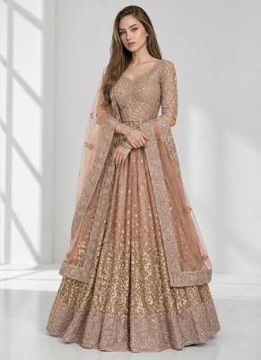 BROWN  SEQUINS & EMBROIDERED NET FESTIVAL LEHENGA CHOLI SET FOR WOMEN'S 1