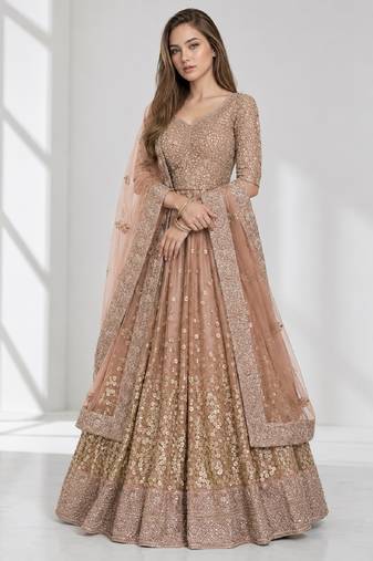BROWN  SEQUINS & EMBROIDERED NET FESTIVAL LEHENGA CHOLI SET FOR WOMEN'S