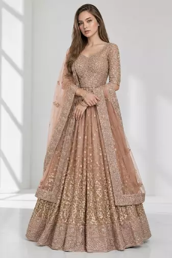 BROWN  SEQUINS & EMBROIDERED NET FESTIVAL LEHENGA CHOLI SET FOR WOMEN'S