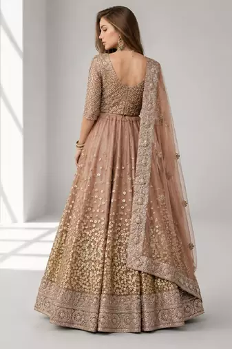 BROWN  SEQUINS & EMBROIDERED NET FESTIVAL LEHENGA CHOLI SET FOR WOMEN'S