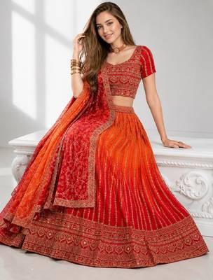ORANGE SEQUINS & EMBROIDERED CHINNON FESTIVAL LEHENGA CHOLI SET FOR WOMEN'S 4