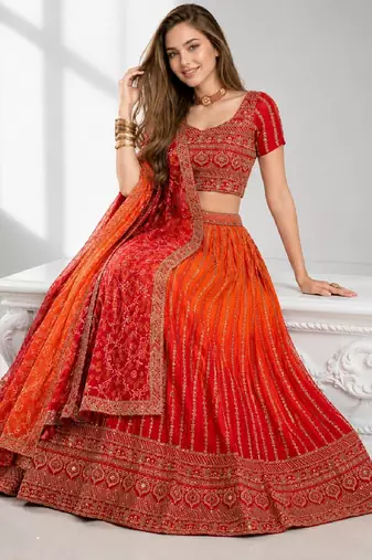 ORANGE SEQUINS & EMBROIDERED CHINNON FESTIVAL LEHENGA CHOLI SET FOR WOMEN'S