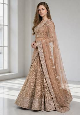 BROWN  SEQUINS & EMBROIDERED NET FESTIVAL LEHENGA CHOLI SET FOR WOMEN'S 3