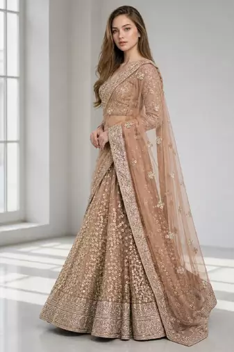 BROWN  SEQUINS & EMBROIDERED NET FESTIVAL LEHENGA CHOLI SET FOR WOMEN'S