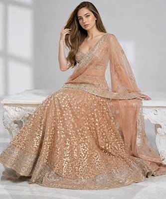 BROWN  SEQUINS & EMBROIDERED NET FESTIVAL LEHENGA CHOLI SET FOR WOMEN'S 4