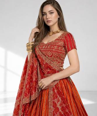 ORANGE SEQUINS & EMBROIDERED CHINNON FESTIVAL LEHENGA CHOLI SET FOR WOMEN'S 5
