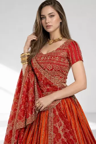 ORANGE SEQUINS & EMBROIDERED CHINNON FESTIVAL LEHENGA CHOLI SET FOR WOMEN'S