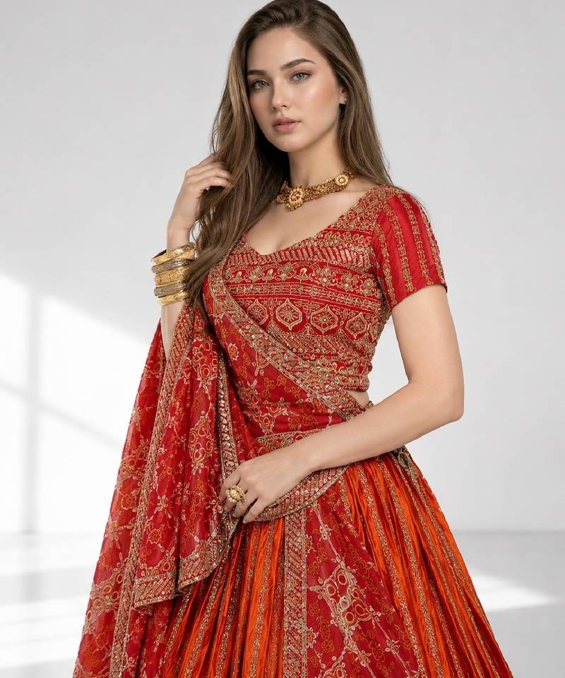 ORANGE SEQUINS & EMBROIDERED CHINNON FESTIVAL LEHENGA CHOLI SET FOR WOMEN'S