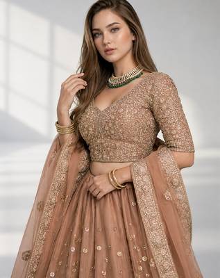BROWN  SEQUINS & EMBROIDERED NET FESTIVAL LEHENGA CHOLI SET FOR WOMEN'S 5