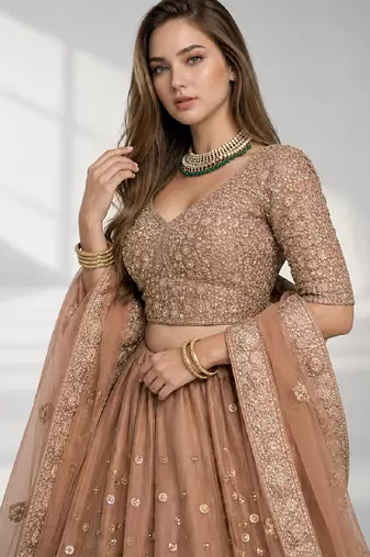BROWN  SEQUINS & EMBROIDERED NET FESTIVAL LEHENGA CHOLI SET FOR WOMEN'S