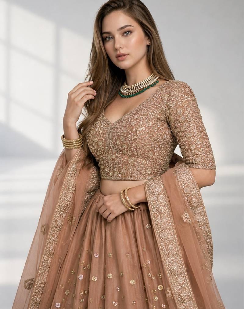 BROWN  SEQUINS & EMBROIDERED NET FESTIVAL LEHENGA CHOLI SET FOR WOMEN'S