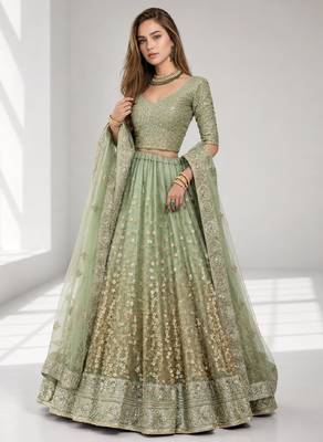 GREEN  SEQUINS & EMBROIDERED NET FESTIVAL LEHENGA CHOLI SET FOR WOMEN'S 1