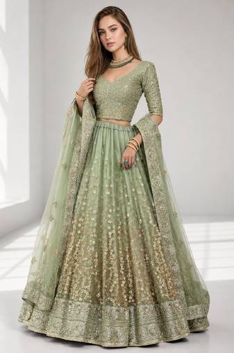 GREEN  SEQUINS & EMBROIDERED NET FESTIVAL LEHENGA CHOLI SET FOR WOMEN'S