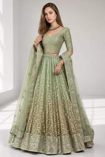 GREEN  SEQUINS & EMBROIDERED NET FESTIVAL LEHENGA CHOLI SET FOR WOMEN'S