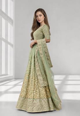 GREEN  SEQUINS & EMBROIDERED NET FESTIVAL LEHENGA CHOLI SET FOR WOMEN'S 2