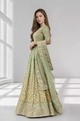 GREEN  SEQUINS & EMBROIDERED NET FESTIVAL LEHENGA CHOLI SET FOR WOMEN'S