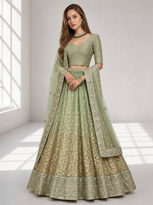 GREEN  SEQUINS & EMBROIDERED NET FESTIVAL LEHENGA CHOLI SET FOR WOMEN'S 3