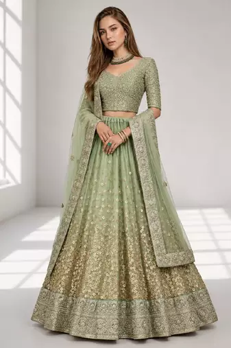 GREEN  SEQUINS & EMBROIDERED NET FESTIVAL LEHENGA CHOLI SET FOR WOMEN'S
