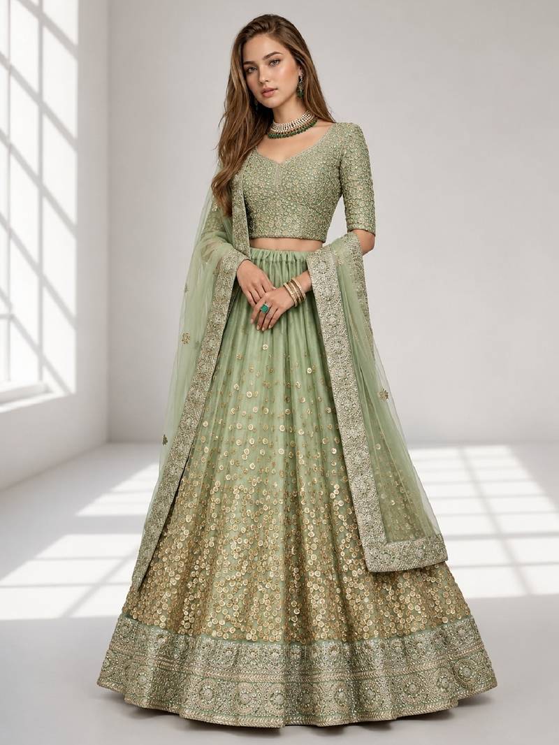 GREEN  SEQUINS & EMBROIDERED NET FESTIVAL LEHENGA CHOLI SET FOR WOMEN'S