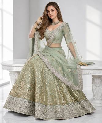 GREEN  SEQUINS & EMBROIDERED NET FESTIVAL LEHENGA CHOLI SET FOR WOMEN'S 4