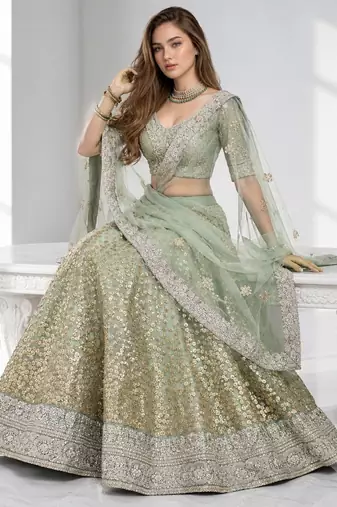 GREEN  SEQUINS & EMBROIDERED NET FESTIVAL LEHENGA CHOLI SET FOR WOMEN'S
