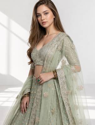GREEN  SEQUINS & EMBROIDERED NET FESTIVAL LEHENGA CHOLI SET FOR WOMEN'S 5