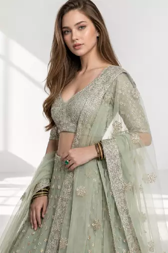 GREEN  SEQUINS & EMBROIDERED NET FESTIVAL LEHENGA CHOLI SET FOR WOMEN'S