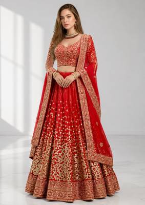 RED  SEQUINS & EMBROIDERED NET FESTIVAL LEHENGA CHOLI SET FOR WOMEN'S 1