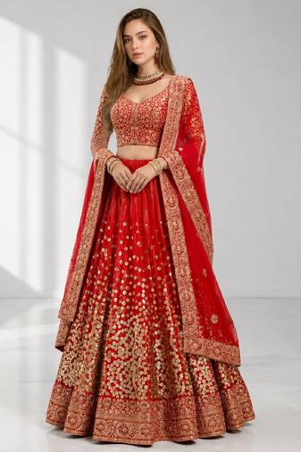 RED  SEQUINS & EMBROIDERED NET FESTIVAL LEHENGA CHOLI SET FOR WOMEN'S