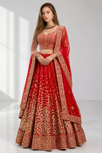 RED  SEQUINS & EMBROIDERED NET FESTIVAL LEHENGA CHOLI SET FOR WOMEN'S