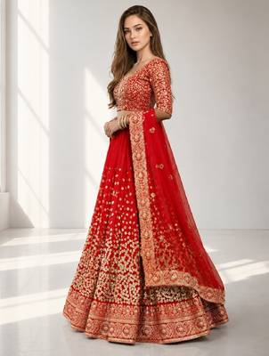 RED  SEQUINS & EMBROIDERED NET FESTIVAL LEHENGA CHOLI SET FOR WOMEN'S 2