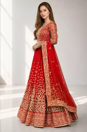 RED  SEQUINS & EMBROIDERED NET FESTIVAL LEHENGA CHOLI SET FOR WOMEN'S