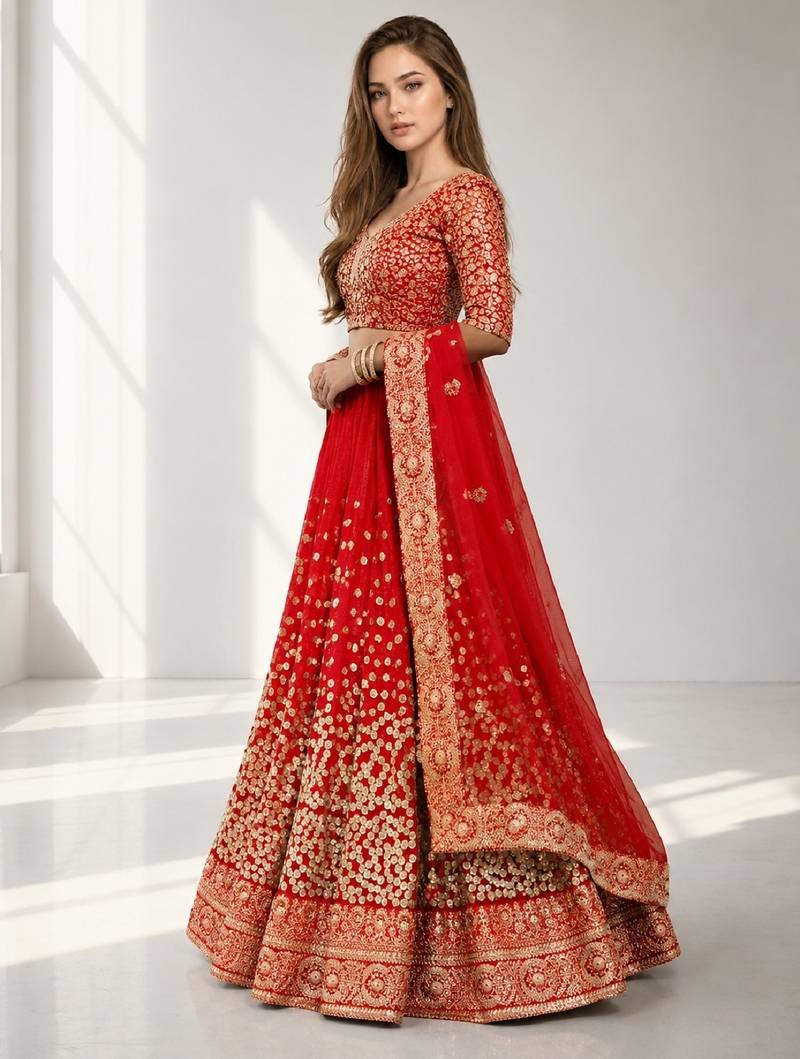 RED  SEQUINS & EMBROIDERED NET FESTIVAL LEHENGA CHOLI SET FOR WOMEN'S
