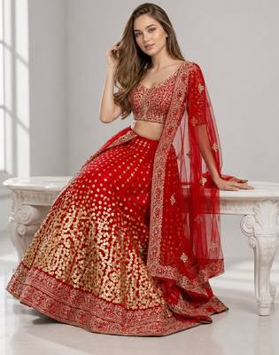 RED  SEQUINS & EMBROIDERED NET FESTIVAL LEHENGA CHOLI SET FOR WOMEN'S 3