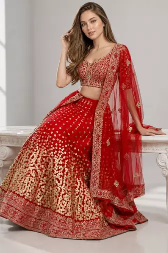 RED  SEQUINS & EMBROIDERED NET FESTIVAL LEHENGA CHOLI SET FOR WOMEN'S