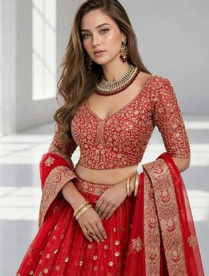 RED  SEQUINS & EMBROIDERED NET FESTIVAL LEHENGA CHOLI SET FOR WOMEN'S 4