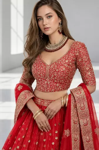 RED  SEQUINS & EMBROIDERED NET FESTIVAL LEHENGA CHOLI SET FOR WOMEN'S