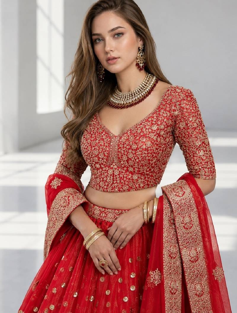RED  SEQUINS & EMBROIDERED NET FESTIVAL LEHENGA CHOLI SET FOR WOMEN'S