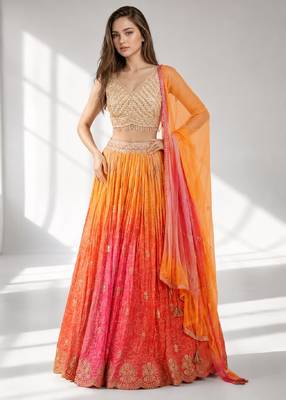 ORANGE  SEQUINS & EMBROIDERED VELVET FESTIVAL LEHENGA CHOLI SET FOR WOMEN'S 1