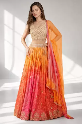 ORANGE  SEQUINS & EMBROIDERED VELVET FESTIVAL LEHENGA CHOLI SET FOR WOMEN'S