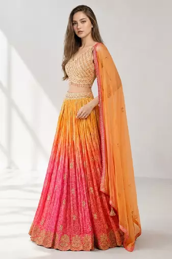 ORANGE  SEQUINS & EMBROIDERED VELVET FESTIVAL LEHENGA CHOLI SET FOR WOMEN'S