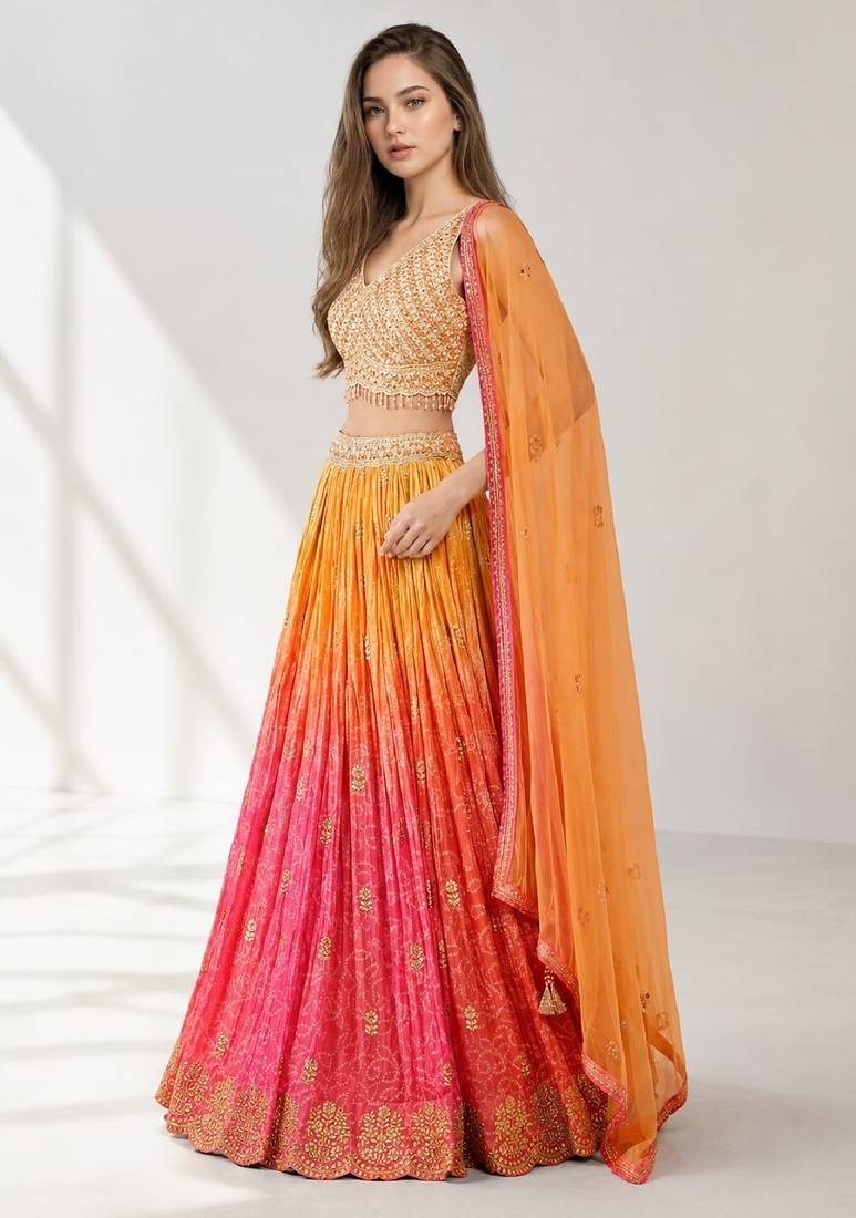 ORANGE  SEQUINS & EMBROIDERED VELVET FESTIVAL LEHENGA CHOLI SET FOR WOMEN'S