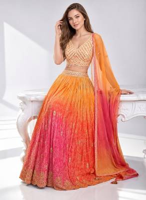 ORANGE  SEQUINS & EMBROIDERED VELVET FESTIVAL LEHENGA CHOLI SET FOR WOMEN'S 4