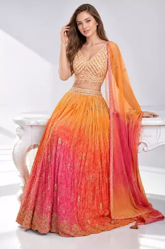 ORANGE  SEQUINS & EMBROIDERED VELVET FESTIVAL LEHENGA CHOLI SET FOR WOMEN'S