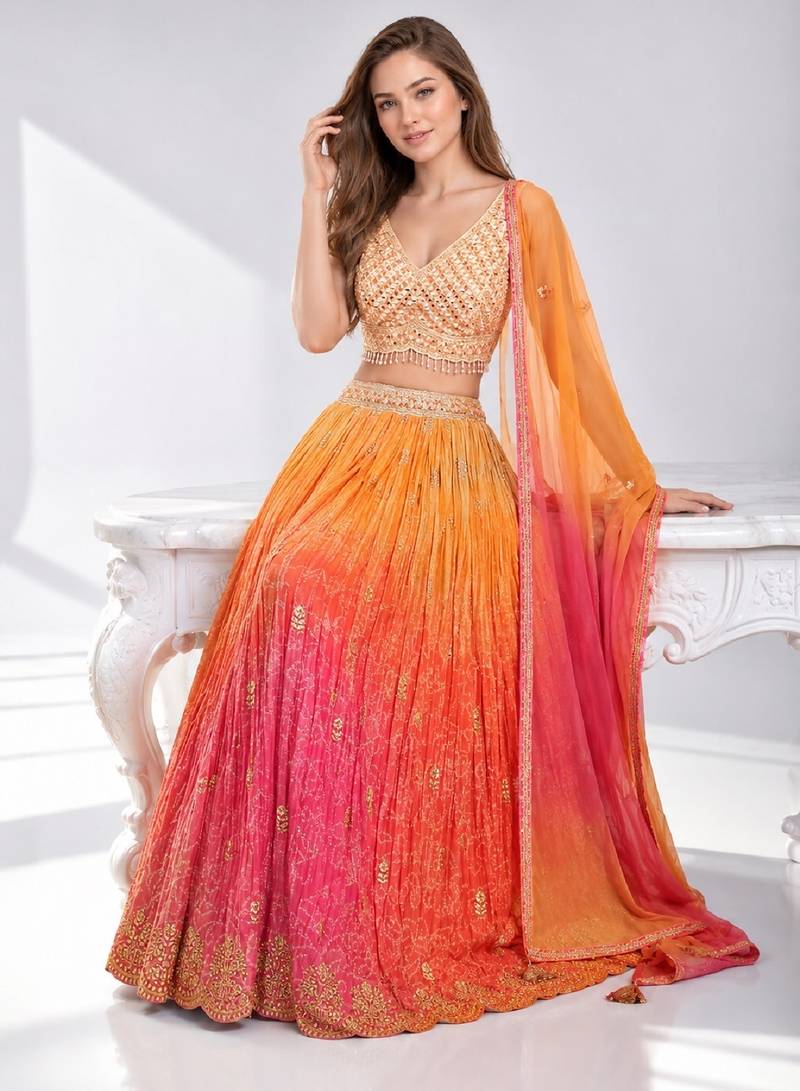 ORANGE  SEQUINS & EMBROIDERED VELVET FESTIVAL LEHENGA CHOLI SET FOR WOMEN'S