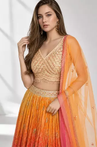 ORANGE  SEQUINS & EMBROIDERED VELVET FESTIVAL LEHENGA CHOLI SET FOR WOMEN'S