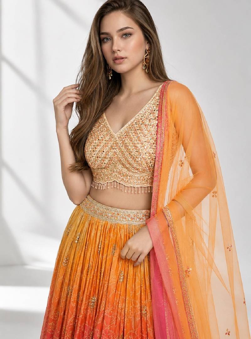 ORANGE  SEQUINS & EMBROIDERED VELVET FESTIVAL LEHENGA CHOLI SET FOR WOMEN'S