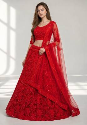 RED  SEQUINS & EMBROIDERED NET FESTIVAL LEHENGA CHOLI SET FOR WOMEN'S 1